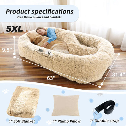 Human Dog Bed, Large Size Fits You And Pets, Washable Faux Fur Dog Bed For People Doze Off, Napping Orthopedic Dog Bed, Present Plump Pillow, Blanket, Strap