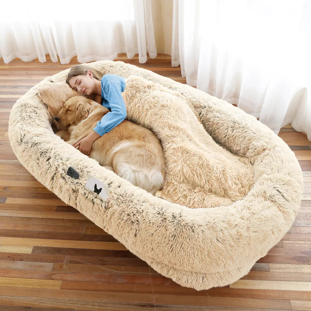 Human Dog Bed, Large Size Fits You And Pets, Washable Faux Fur Dog Bed For People Doze Off, Napping Orthopedic Dog Bed, Present Plump Pillow, Blanket, Strap